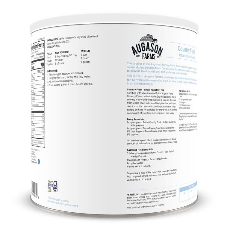 Augason Farms Country Fresh Instant Nonfat Dry Milk Can, Emergency Food Supply, Everyday Meals, 39 Servings