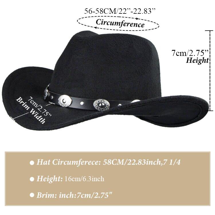 Womens Western Cowboy Hats Studded Pinched Western Cowgirl Hats Wide Brim Fedoras Hat with Belt Buckle (Size:Medium) Black