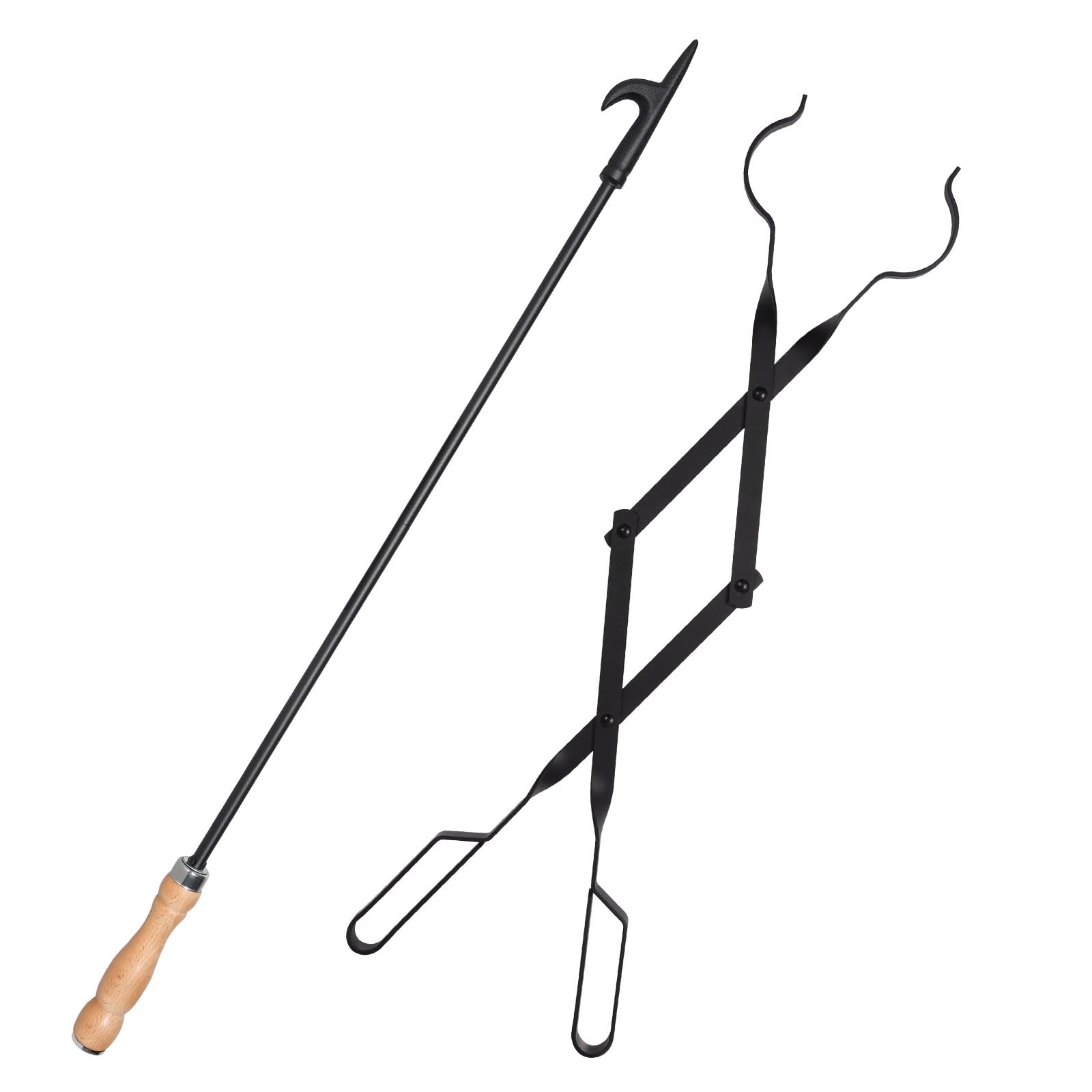 Heavy Duty 32" Long Fireplace Fire Pit Campfire Poker Stick and 26" Fireplace Tongs Tool Sets, Log Grabber, Rust Resistant Black Finish Camping Fireplace Tools for Indoor/Outdoor