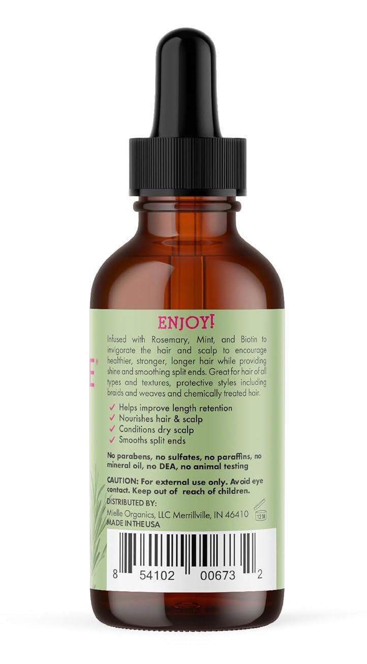 Mielle Organics Rosemary & Mint Hair Oil, Split Ends & Dry Scalp Treatment - Made with Biotin & Essential Oils for Strengthening, Soothing, Moisturizing & Encouraging Longer, Healthier Hair (2 Fl Oz)