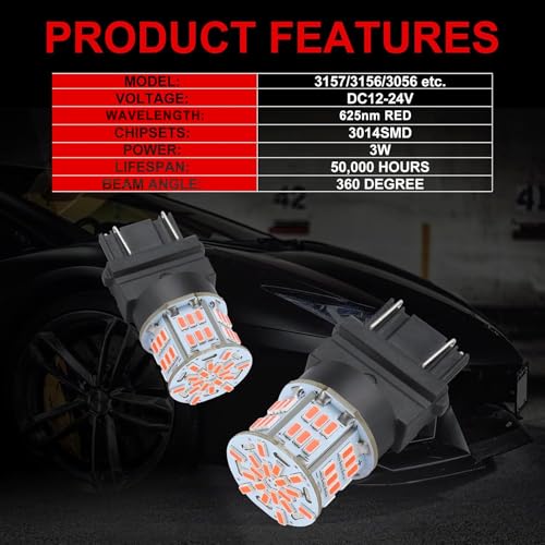 iFunyLED 4PCS 3157 LED Bulb Brake Tail Light 12V-24V Super Bright 3156 3056 3057 3047 4157 LED Replacement Light Kit Set for Car Tail Brake Turn Signal Lights - Brilliant Red