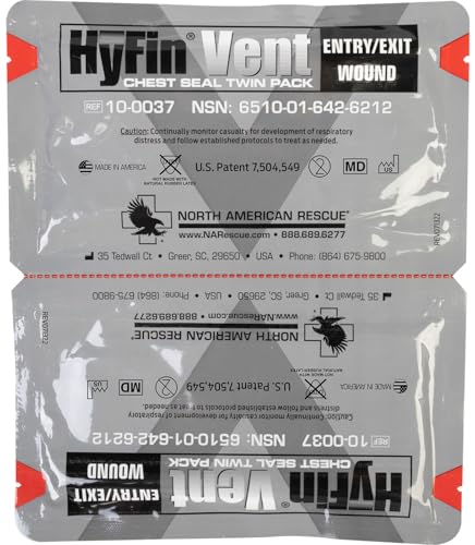 North American Rescue HyFin Vent Chest Seal (Twin Pack) NAR Vented Wound Chest Seals for Trauma, Wounds (10-0037)