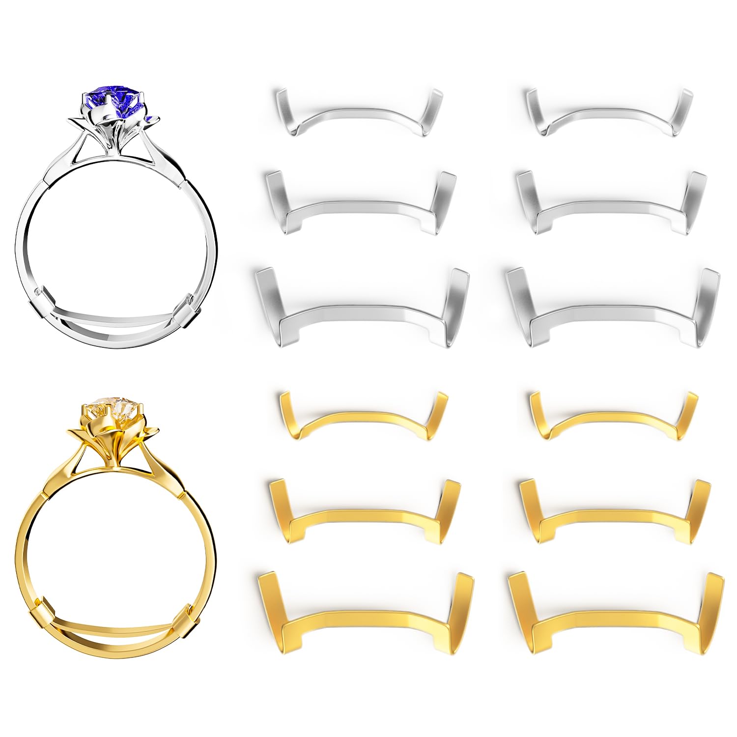 ELETIUO Filled Metal Ring Guard Set for Loose Rings,12 Pack 3 Sizes for Different Band Widths,Invisible Ring Size Adjuster Tightener Spacer Fitter for Any Ring Size,Golden+Silver Color