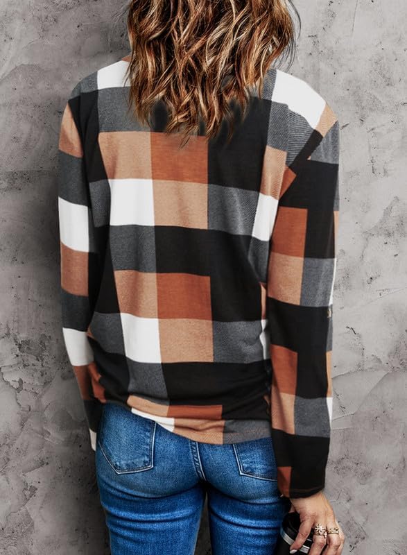 Dokotoo Womens Spring Summer Fall Fashion Casual Ladies Basic Cotton Cuffed 3/4 Long Sleeve Plaid Print V Neck Work Tunic Tops and Blouses Shirts for Women 2024 Orange