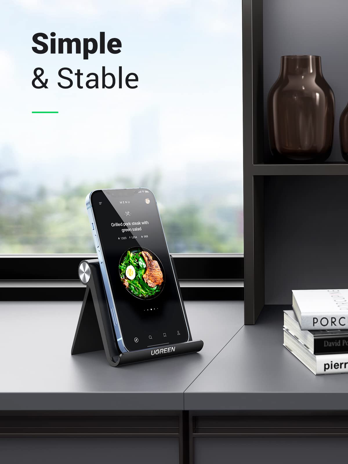 UGREEN Cell Phone Stand for Desk Phone Holder Foldable Portable Adjustable Compatible with iPhone 17 Air 16 15 14 13 Pro Max, iPhone 12 11 Plus SE XS XR 8 7, Office Desk Travel Accessories, Black