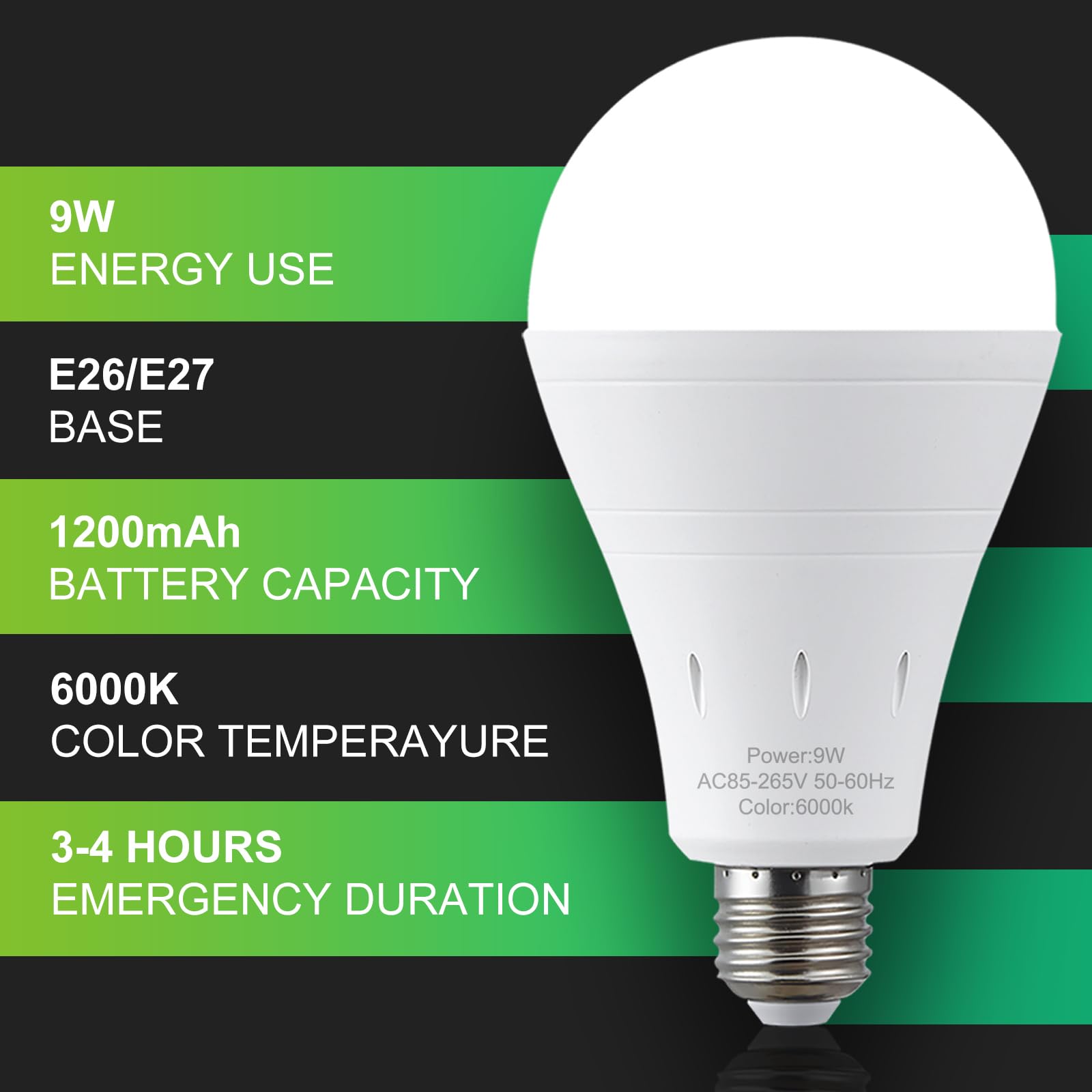DEBAOBULB 6 Pack Rechargeable Emergency Light Bulbs, Battery Powered Energy Efficient LED Light Bulb 6000K Daylight E26 120 Volt 9W 60W Equivalent with 1200mAh for Home Power Outage Camping Hurricane