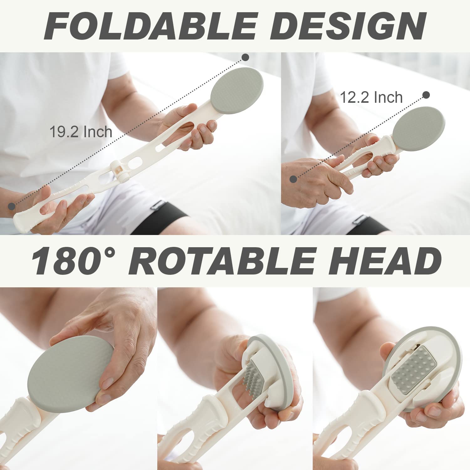 DOWMI Lotion Applicator for Back - 3-1 Foldable, Cream, Sunscreen, Ointment Applicator, 19" Long Handle, Body Massage Tool - 1 Body Brush Pad, 1 Lotion Pad Included