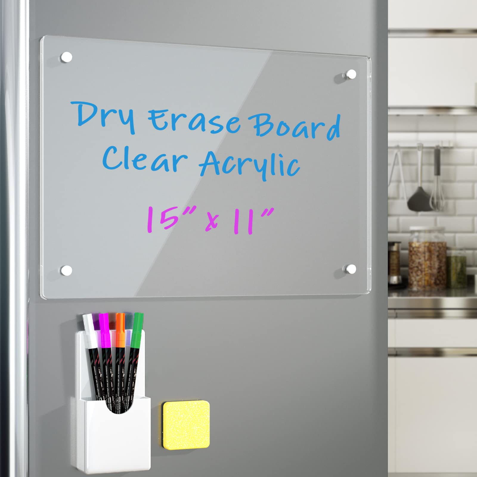 Acrylic Note Board Refrigerator Dry Erase Board Magnetic Clear 15"x11 Includes 4 Dry Erase Markers