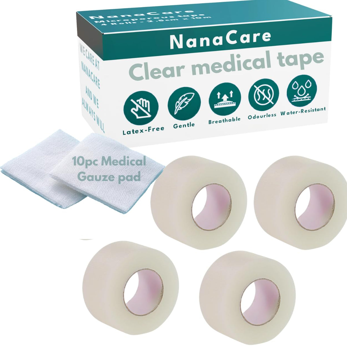 NanaCare Hypoallergenes, transparentes Chirurgisches Klebeband 2,5 cm x 9,1 m | 4 Rollen, wasserfest, klar | Medizinisches Pflaster für Haut, Verbände und Gesicht | Erste-Hilfe-Band für empfindliche Haut