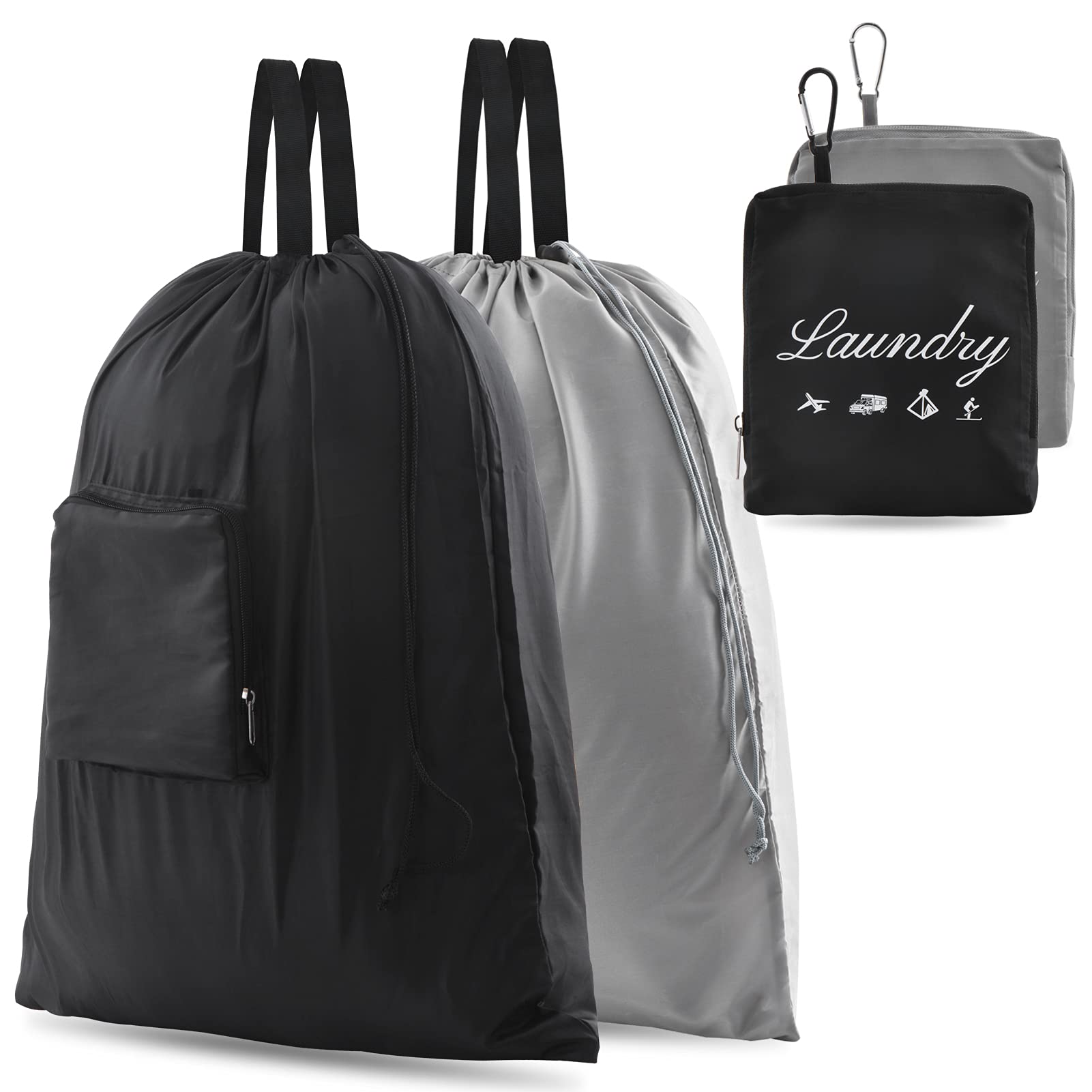 2 Pcs JHX Travel Laundry Bags, Dirty Clothes OrganizerUpgradedwith Handles and Aluminum Carabiner for Travel, Camp, Fitness, and Students (Black&Grey) 24"L x 21"W