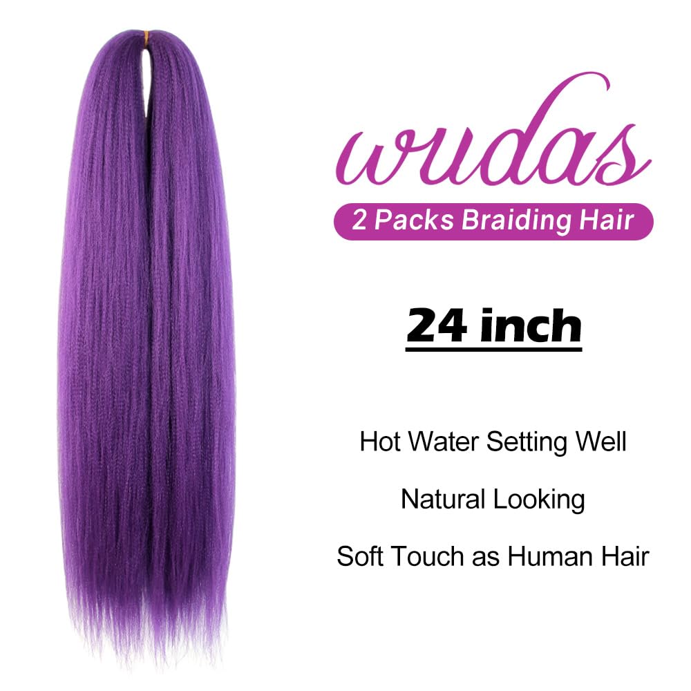 WUDAS Purple Braiding Hair 24 Inch Long Pre Stretched Hair Straight Yaki Texture Synthetic Hair Extensions Softness, 2 Packs