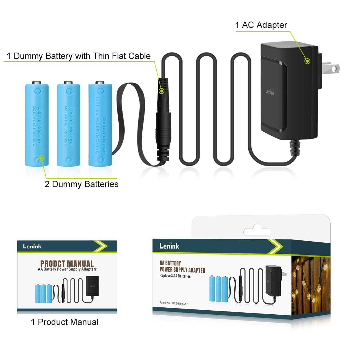 Lenink AC Power Supply Adapter for 3 AA Battery, AA Battery Replacement Adapter for LED Light, Decorations (Black)