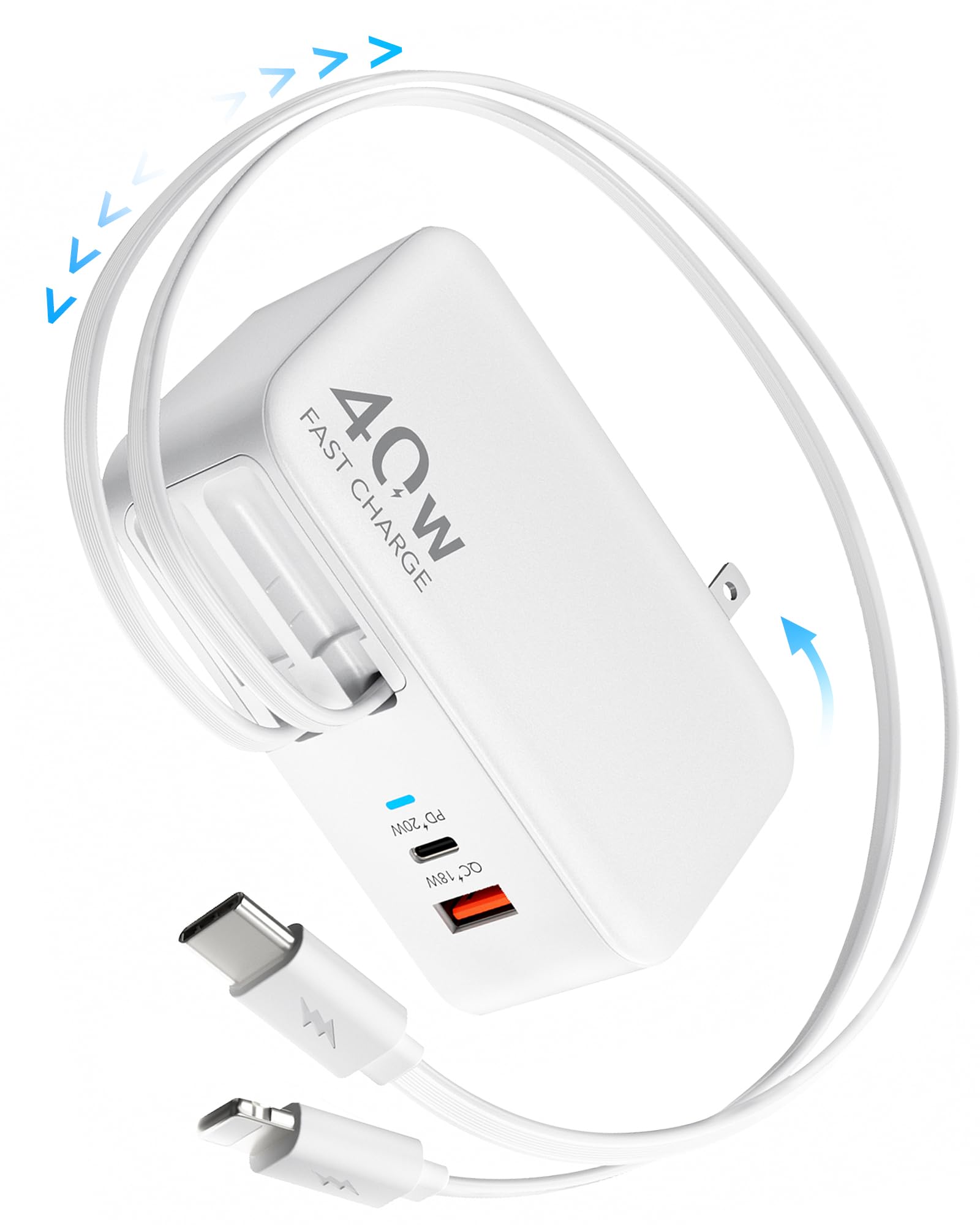 شاحن حائط قابل للسحب 4 في 1 بتقنية GaN لهاتف iPhone 17 USB C، محول طاقة متعدد المنافذ أساسي للسفر، كابلات لايتنينج + تايب سي بطول 3 أقدام، شاحن سريع 40 واط قابل للطي لهاتف iPhone 17 Pro/16/15/14/13، آيباد، جالاكسي