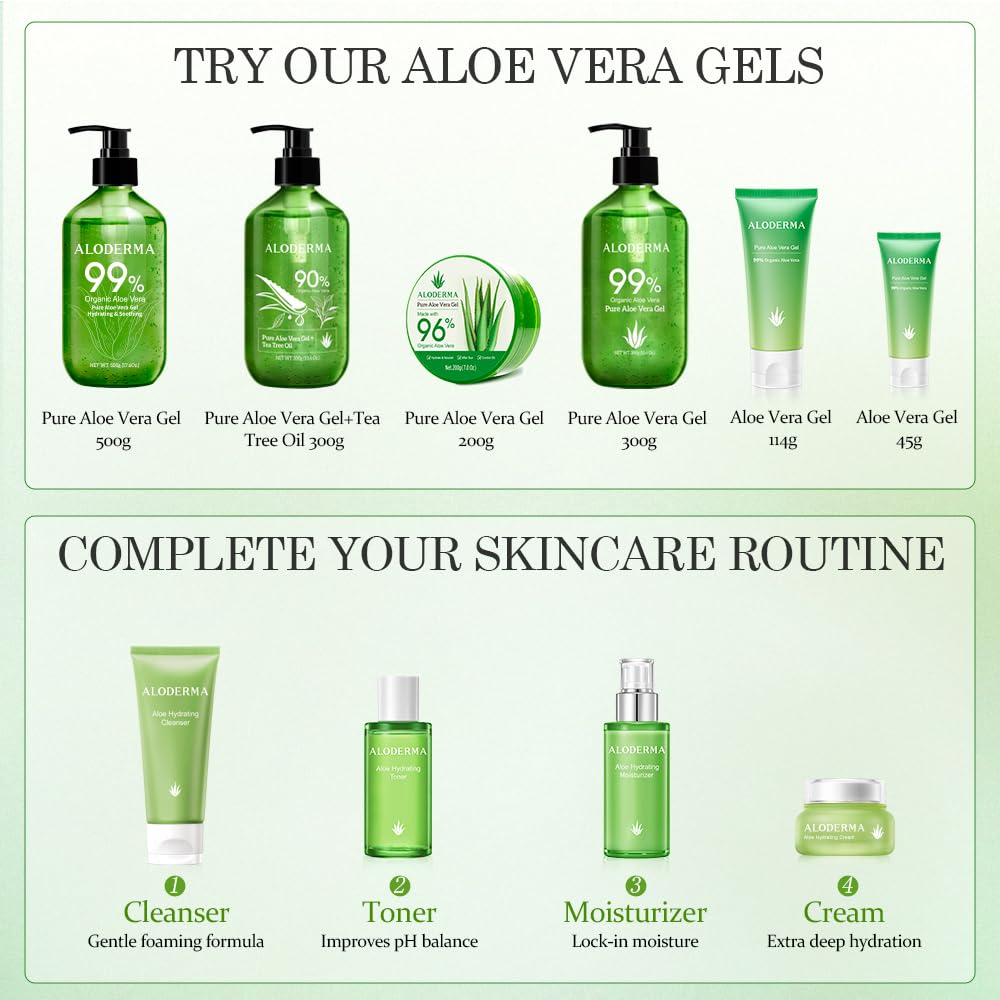 Aloderma 99% Organic Aloe Vera Gel Made within 12 Hours of Harvest - Lightweight, Non-Sticky Aloe Gel for Face Body, Hair, & Scalp, After Sun Relief, Natural, Soothing Hydrating Aloe Gel, 10.6oz