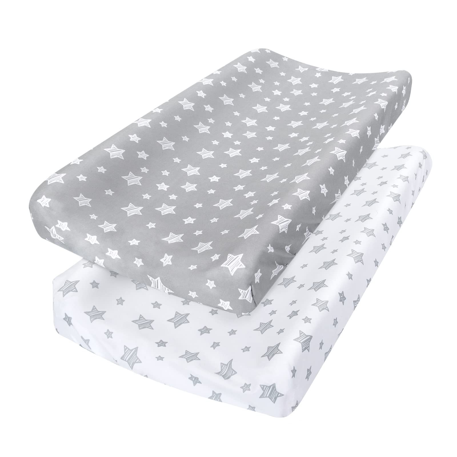 Wickelauflagenbezug für Jungen und Mädchen, 2 Stück, niedlich bedruckte, weiche Unisex-Wickeltischauflagen, passend für 81x41cm konturierte Unterlagen, gemütliche 2er-Pack Wickelauflagen, Grau & Weiß