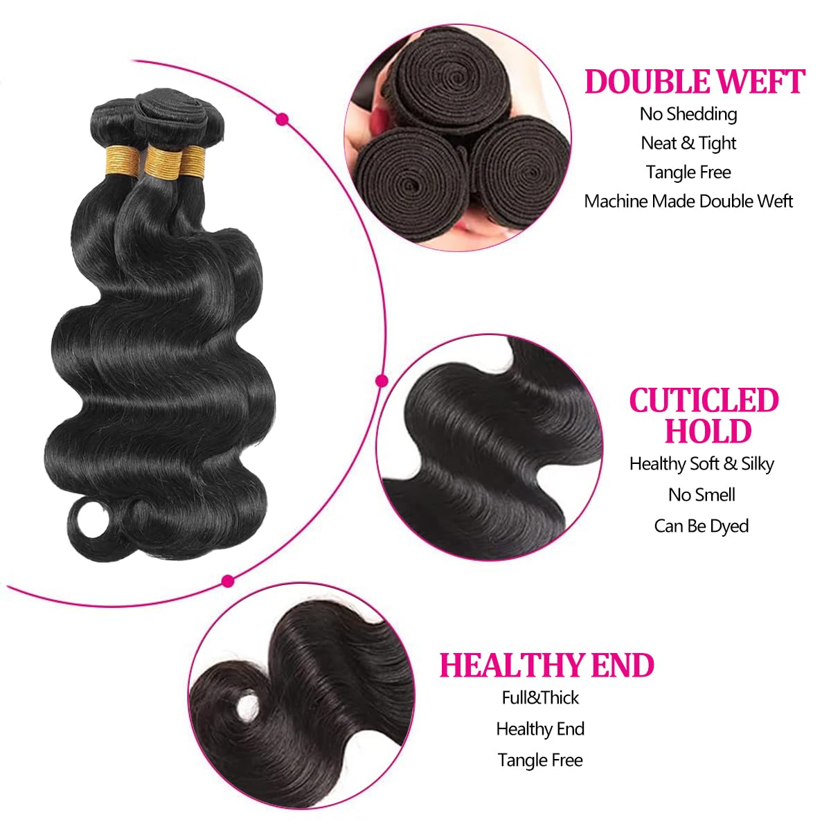 Body Wave Bundles Human Hair 14 16 18 Inch Human Hair Bundle 100% Unprocessed Brazilian Virgin Hair 3 Bundles Human Hair Extensions for Black Women Natural Color