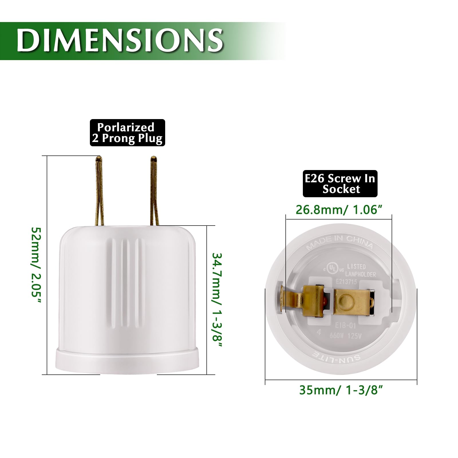 Outlet to Socket Adapter, Plug-in Light Socket, Convert Outlet to Light Bulb Socket, Polarized 2-Prong Outlet to E26 E27 Screw Base Bulb Socket, 660 Watt, 125 Volt, UL Listed (4-Pack)