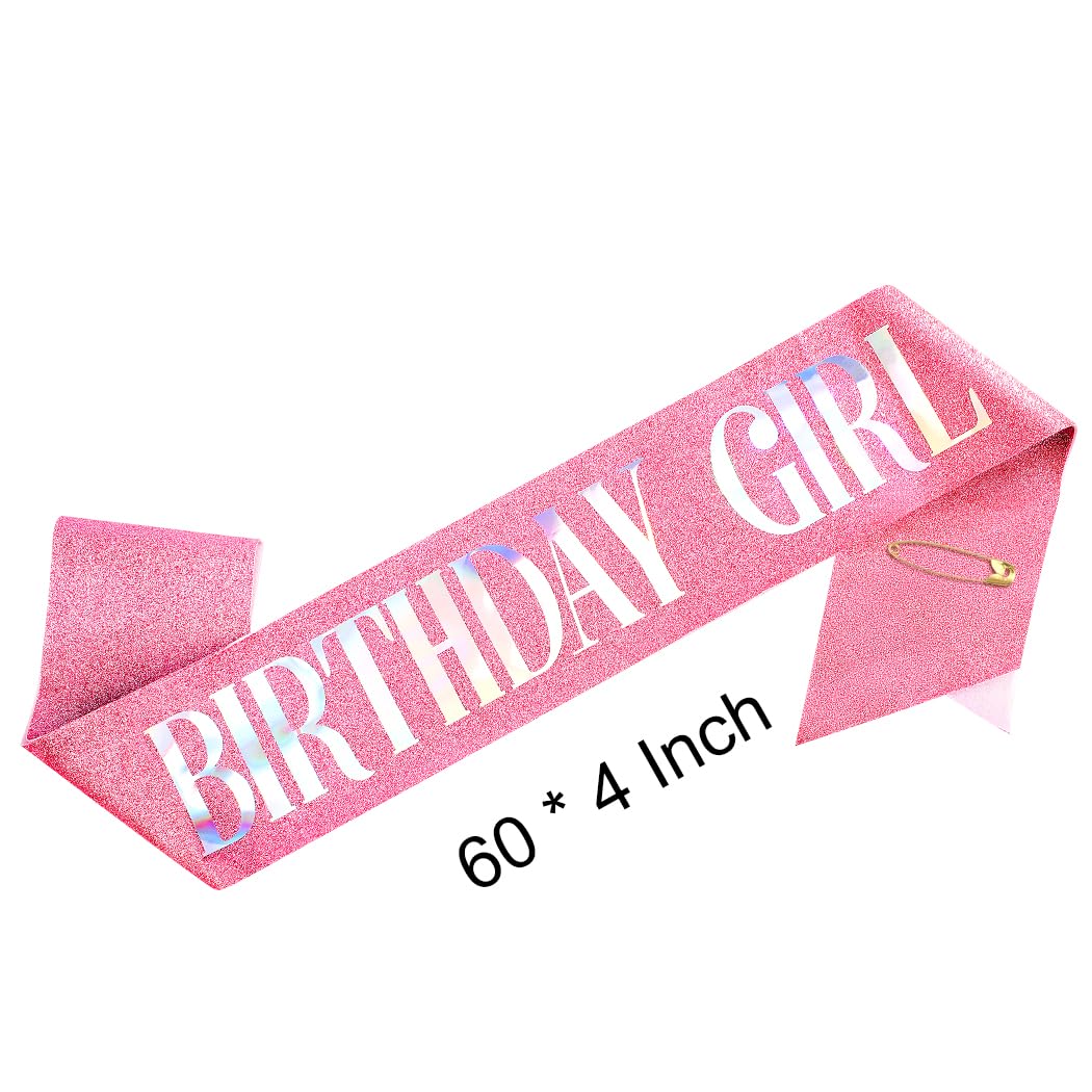 AOPRIE Pink Birthday Sash for Women Girls Happy Birthday Crown Tiara for Women Headband Princess Crown Accessories Decorations