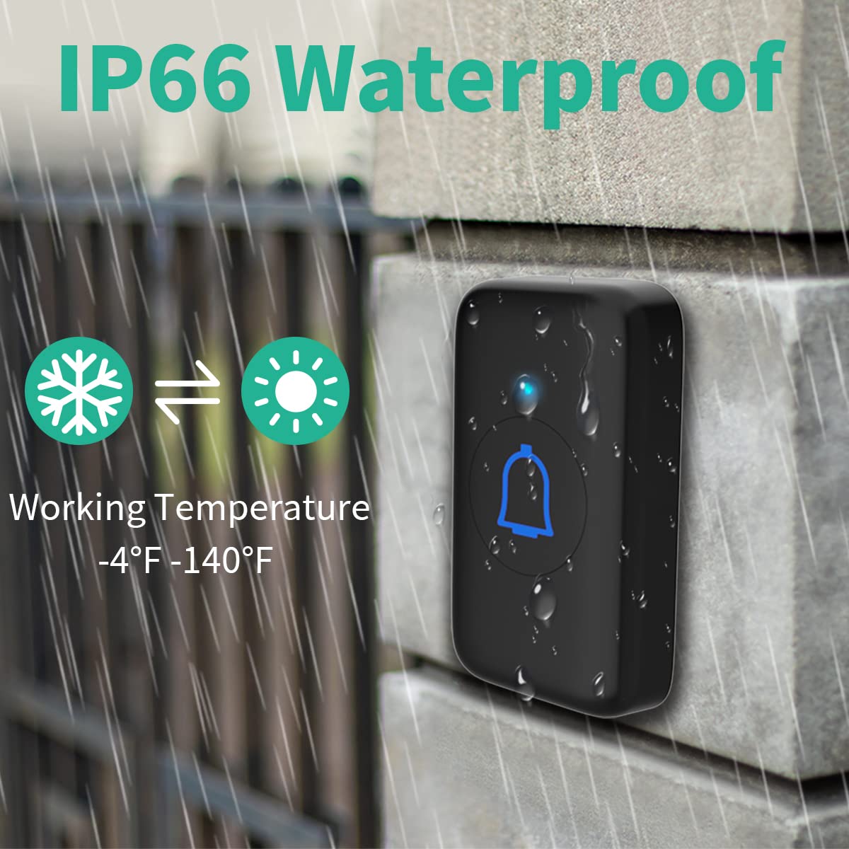 IP66 Doorbell Wireless Classroom Doorbell Waterproof & Dustproof with 66 Chimes Loud 115dB Door Bell Ringer 1000ft Range Electric Doorbells 7 Levels Volume Mute Mode for Bedroom Home Kids Room Office
