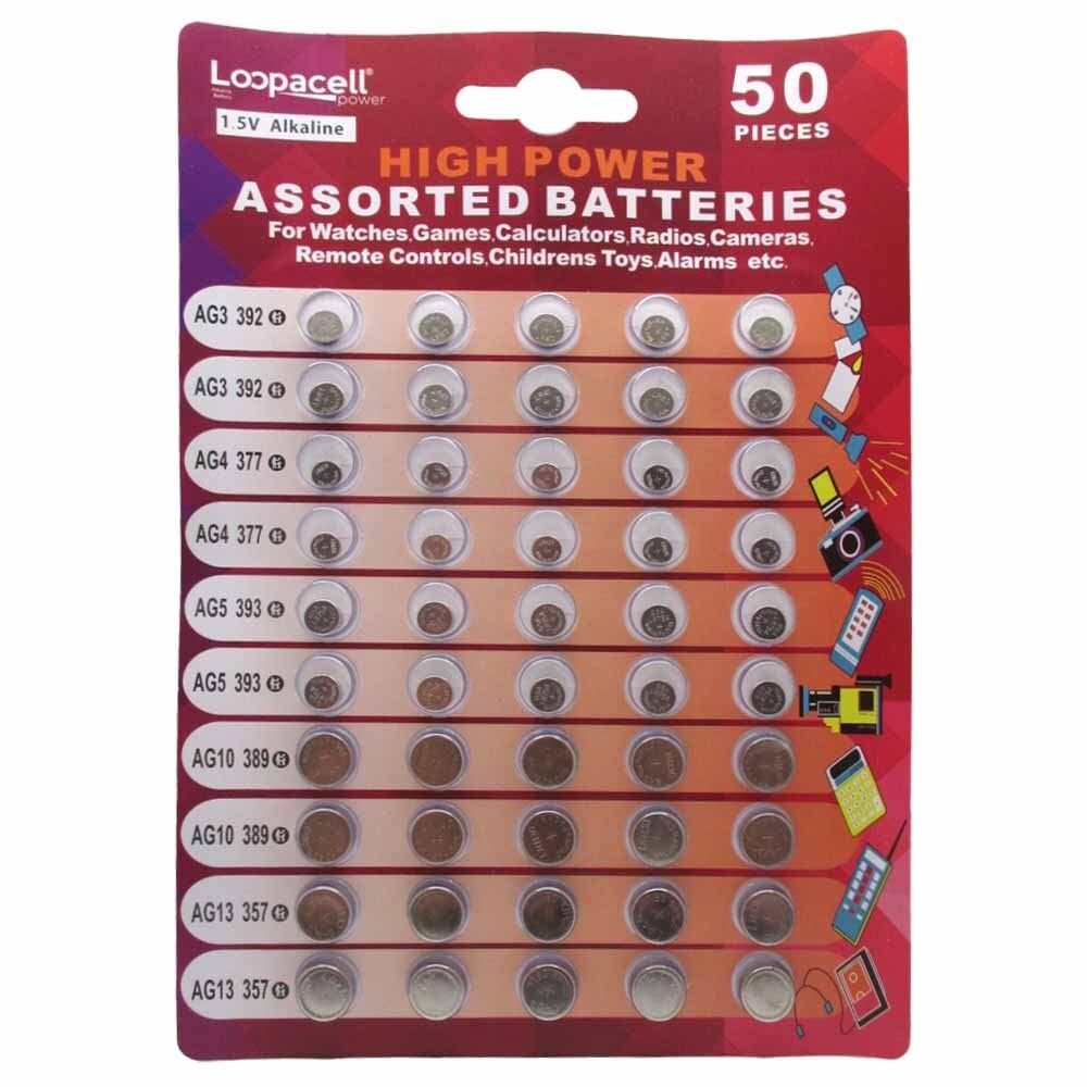 بطارية خلوية قلوية فائقة الطاقة من لوباسيل، متنوعة، 1.5 فولت، AG3/LR41، AG4/LR626، AG5/LR754، AG10/LR1130، AG13/LR44، 50 قطعة (عبوة من 1)