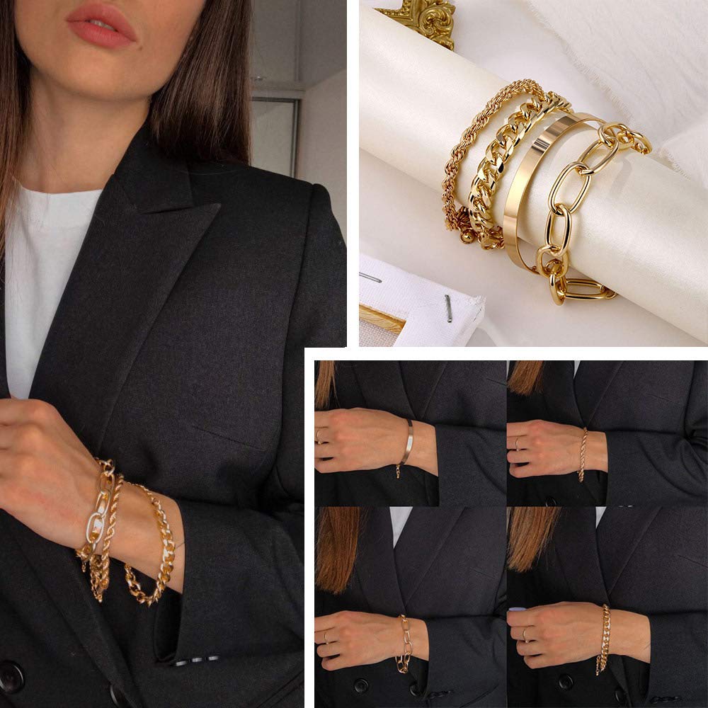 IFKM Gold Bracelets for Women, 14K Gold Plated Dainty Layered Chain Bracelets Adjustable Cute Bangle Link Bracelet Set (4 PCS Gold Plated)