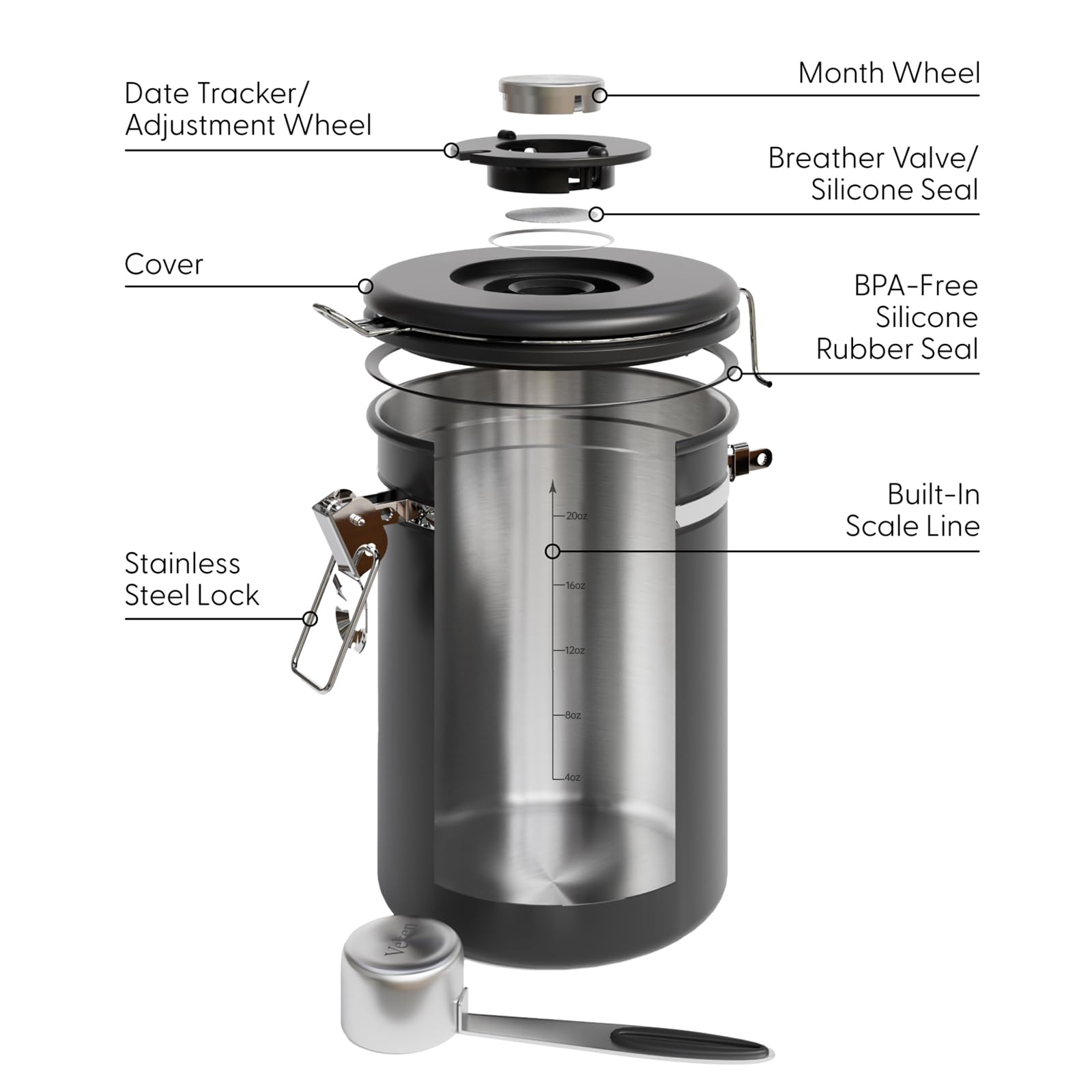 Veken Coffee Canister with Window,Airtight Stainless Steel Container,Home Kitchen Food Storage Organizers for Grounds,Beans,Espresso,Rice,Tea,Sugar,Flour, Cereal,Scoop,Bar Accessories,Gifts,22OZ,Black