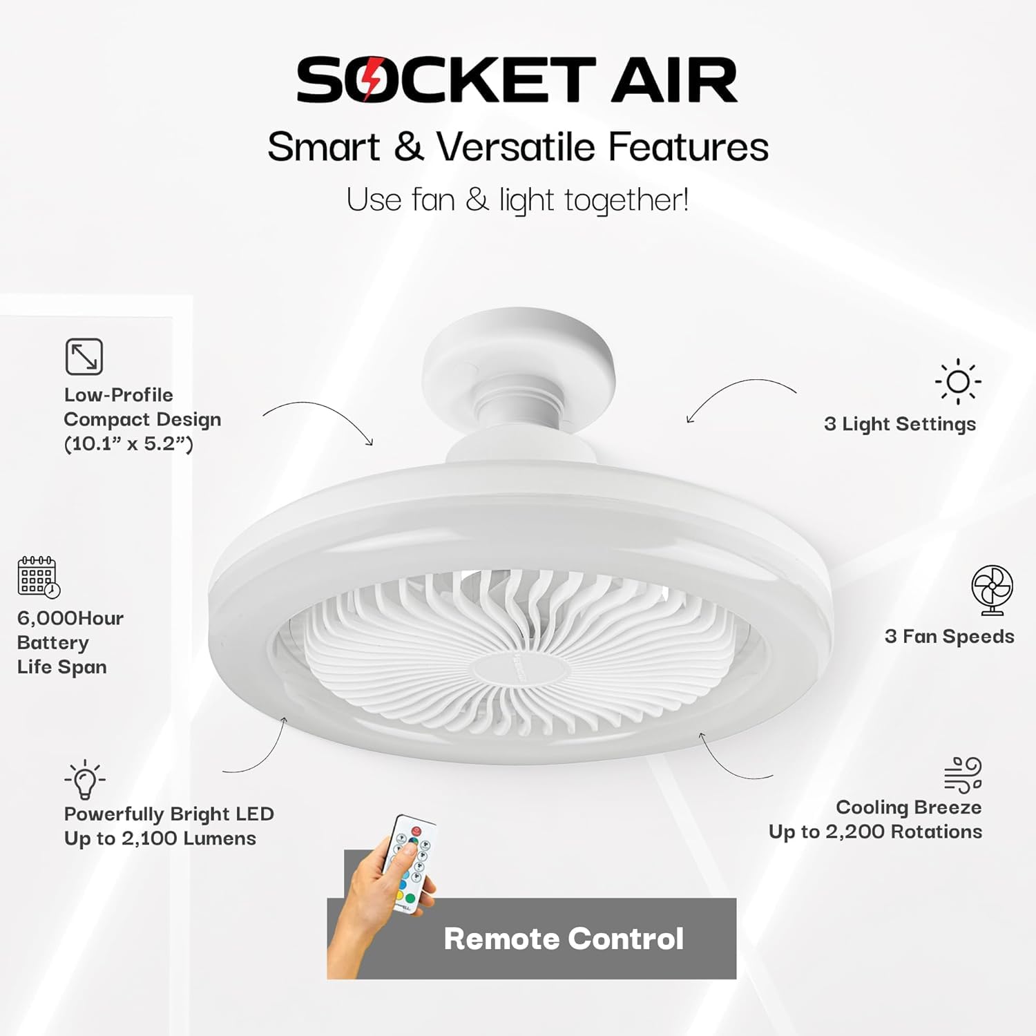 Bell+Howell SocketAir Wireless Ceiling Fan Light with Remote Control, Extender,110-120 Volt, 2100 Lumens, 3 Fan Speeds, 3 Light Settings, 6500K for Living, Dining, Working Space ASON TV