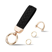 Genuine Leather Car Keychain, Handmade Knit Sheepskin Key chains for Women, Universal Key Fob Holder with 360 Degree Rotatable, Anti-Lost D-Ring, 2 Keyrings and 1 Screwdriver - Black