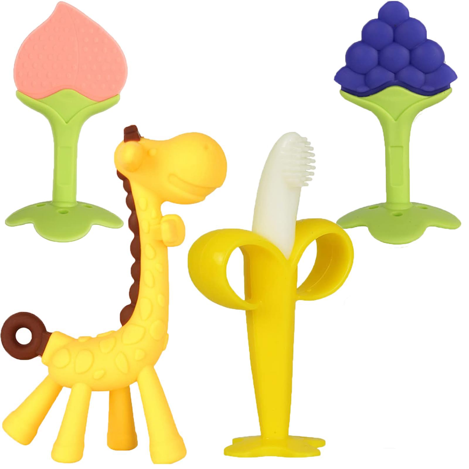 Haili XMGQ Baby Teething Toys 3-6 Months, Silicone Baby Teether Freezer BPA Free, Babies Teething Relief Sore Gums, Banana Finger Toothbrush, Fruit Shape Giraffe Teether for Infant Boys and Girls