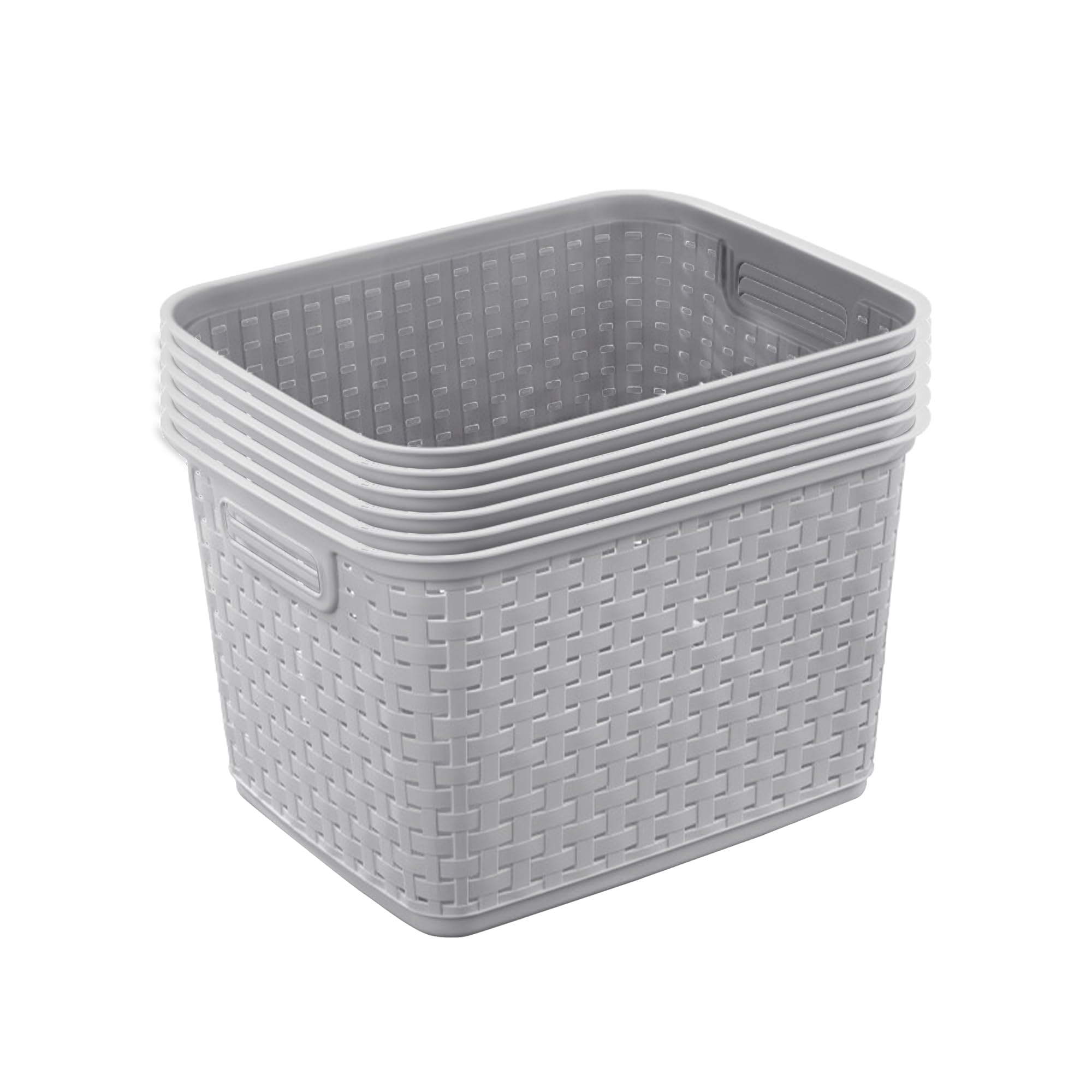 Sterilite 6-Pack Tall Weave Basket, Wicker-Style Plastic Open Storage Bin, Cement Gray - Multi-Purpose Decorative Organizer for Laundry Area, Shelves, Closets, Pantries, Living Rooms or Offices