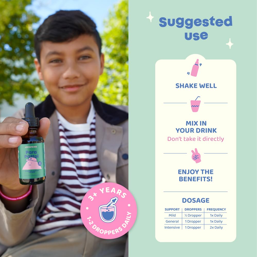 JoySpring ParaPatrol Kids’ Herbal Blend – Alcohol-Free Liquid Supplement with Black Walnut and Wormwood Extract | Supports Digestive Health | Natural Raspberry Flavor – 30 Servings