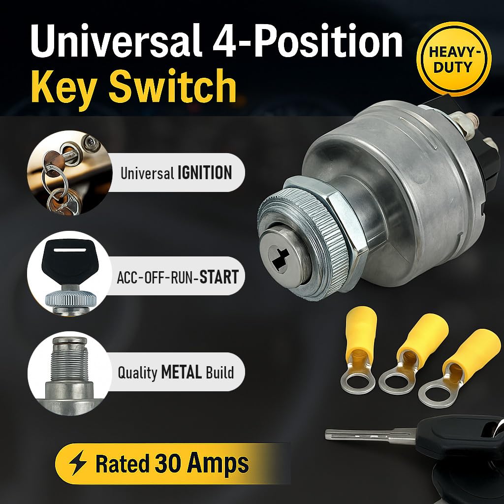 MGI SpeedWare 4-Position Universal Ignition Key Switch for 12V Car, Truck, Tractor, Trailer, Forklift - Acc/Off/IGN/(Start)