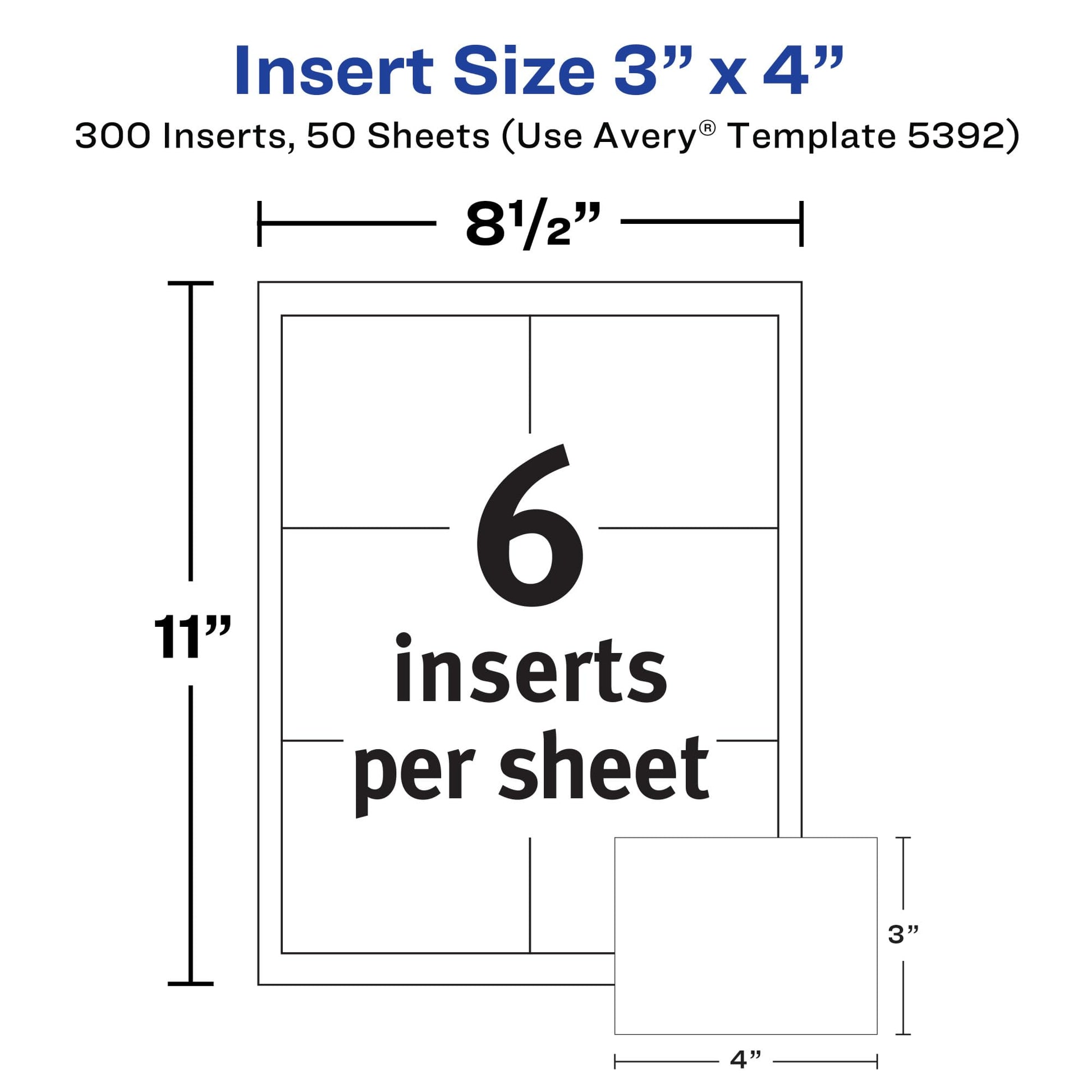 Avery Customizable Name Badge Inserts for Name Tag Holders, 3" x 4", White, Laser/Inkjet Printable, 300 Total (5392)