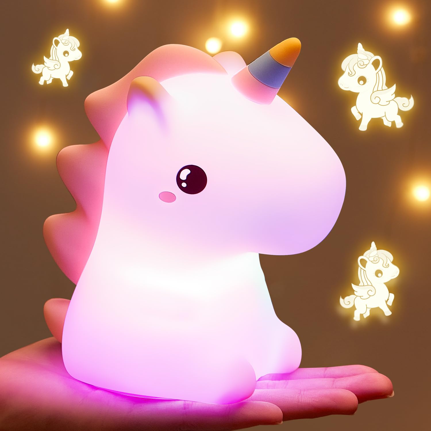 Eine Feuer-Einhorn-Nachtlichter für Mädchen-Schlafzimmer, 16 Farben süßes Nachtlicht für Kinder, LED wiederaufladbare Einhornlampe, Einhorn-Geschenke für Mädchen-Nachtlicht, Silikon-Nachtlicht für Kinder, süße Kawaii-Sachen