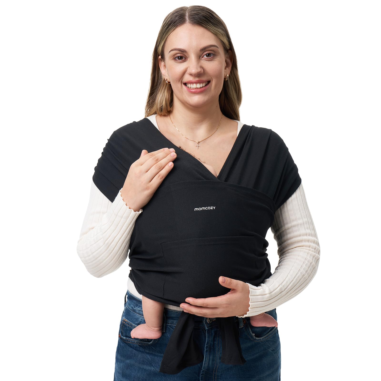 Momcozy Baby Wrap Carrier، حمالة أطفال سهلة الارتداء، حمالة أطفال خفيفة الوزن بدون استخدام اليدين، حمالة أطفال قابلة للتعديل لحديثي الولادة والأطفال الصغار بوزن 8-35 رطل، أسود