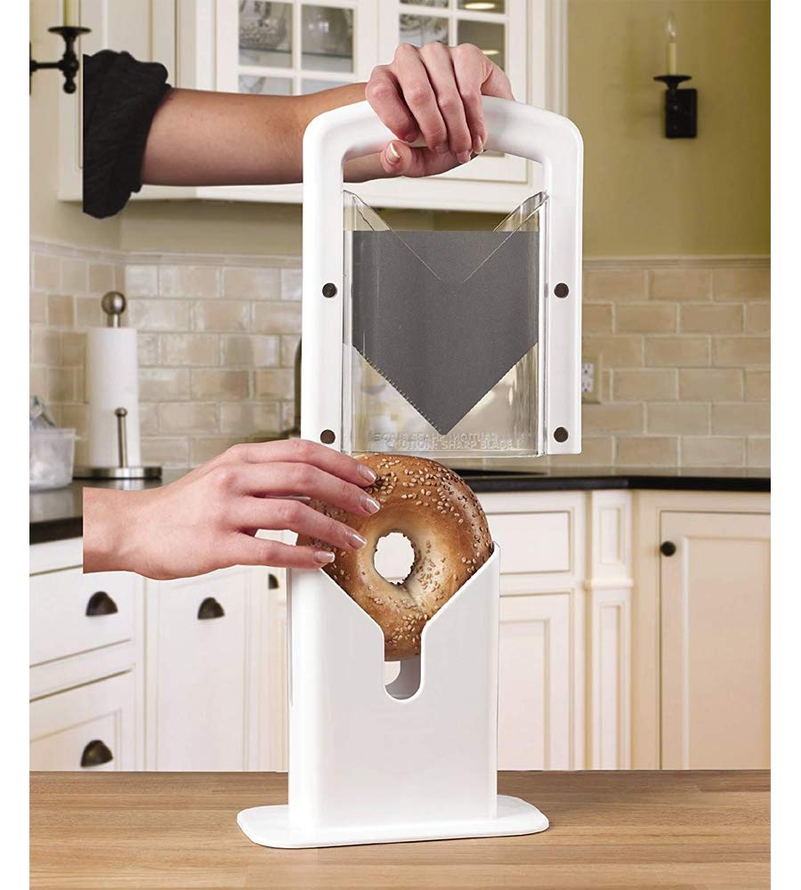 Hoan The Original Bagel Guillotine Slicer, Manual Precision Cutter with Safety Shield, Cleanly Slices Bagels and More, White, 9.25 Inch Kitchen Tool
