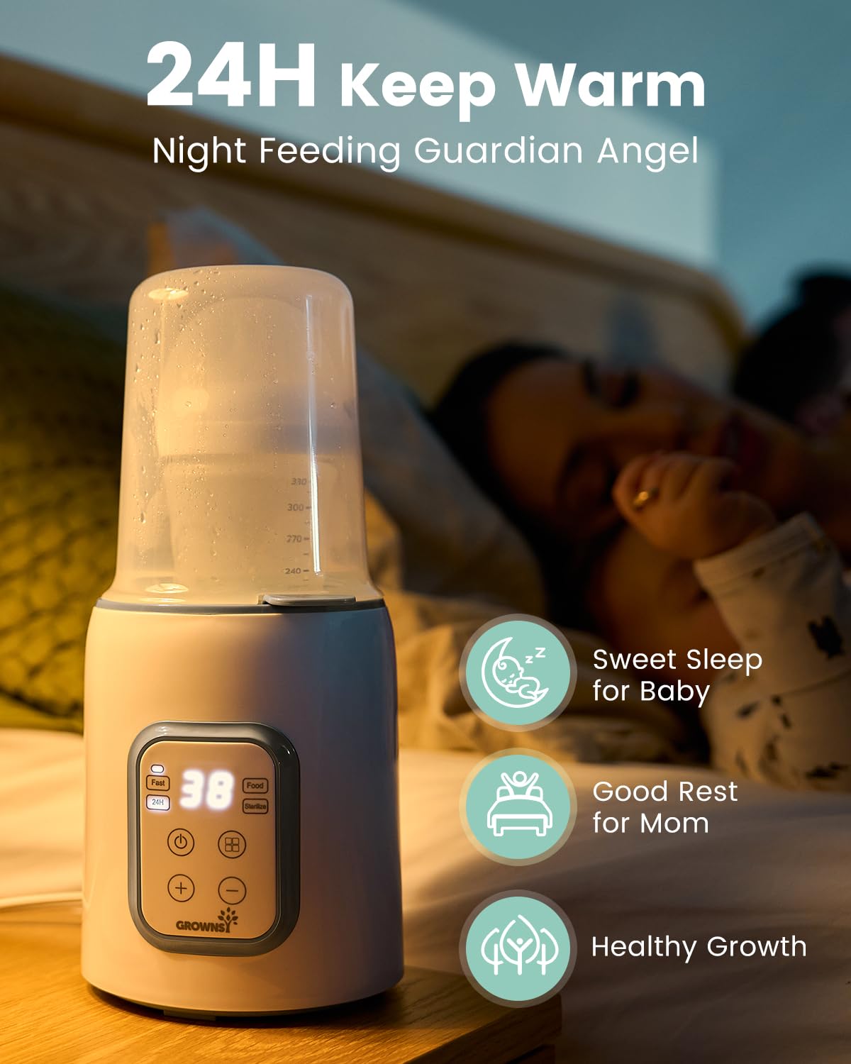 Bottle Warmer, GROWNSY 8-in-1 Fast Baby Milk Warmer with Timer for Breastmilk or Formula, Accurate Temperature Control, with Defrost, Sterili-zing, Keep, Heat Baby Food Jars Function