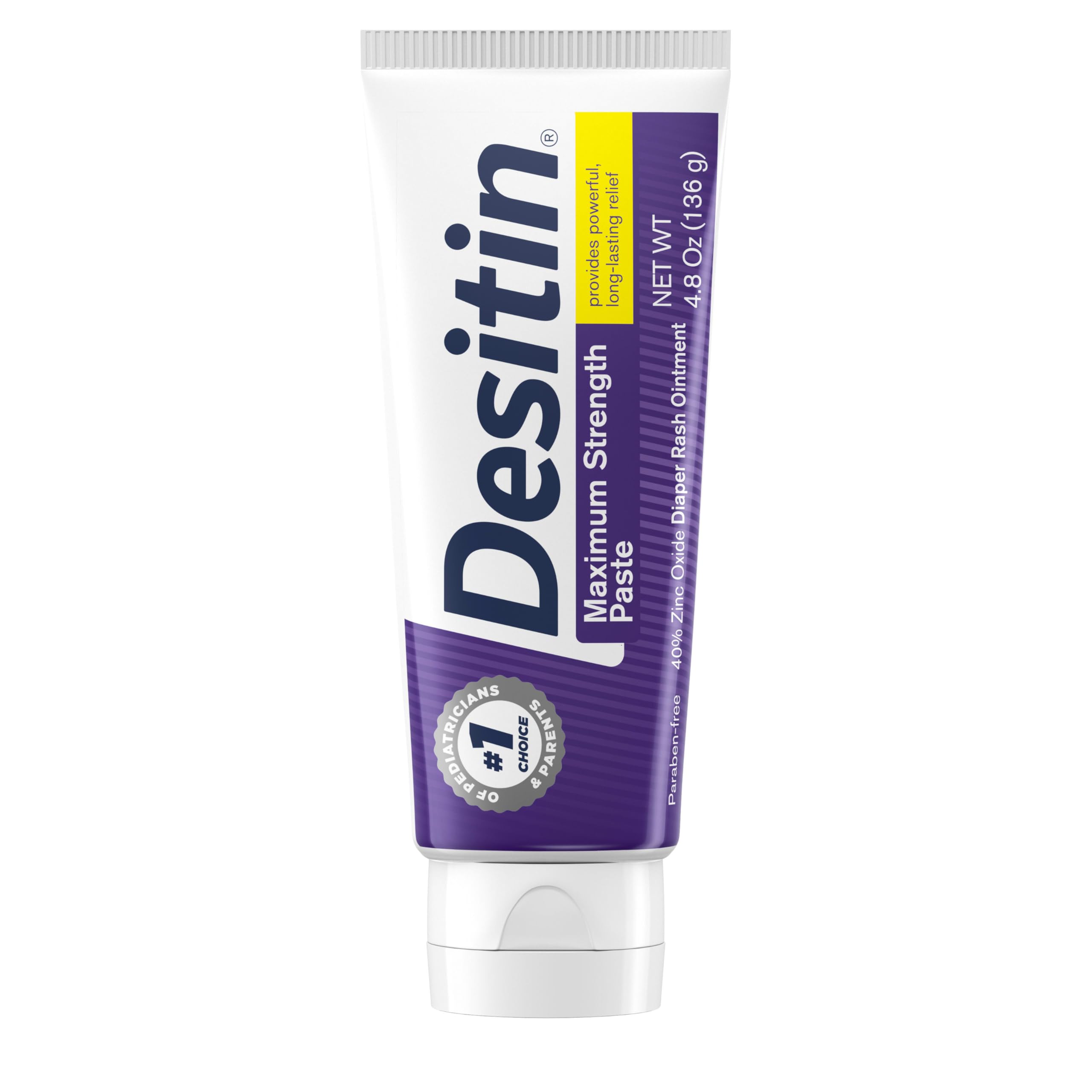 Desitin Maximum Strength Baby Diaper Rash Cream, 40% Zinc Oxide, Hypoallergenic No Added Parabens & Dyes, Protects & Relieves Baby's Skin for Up to 12 Hours, Prevents Diaper Rash, 4.8 oz Tube