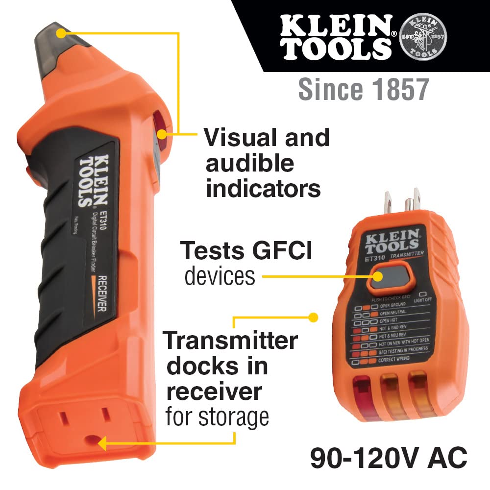 Klein Tools 80016 Circuit Breaker Finder Tool Kit with Accessories, GFCI Outlet Tester, 2-Piece Set, Includes Cat. No. ET310 and Cat. No. 69411
