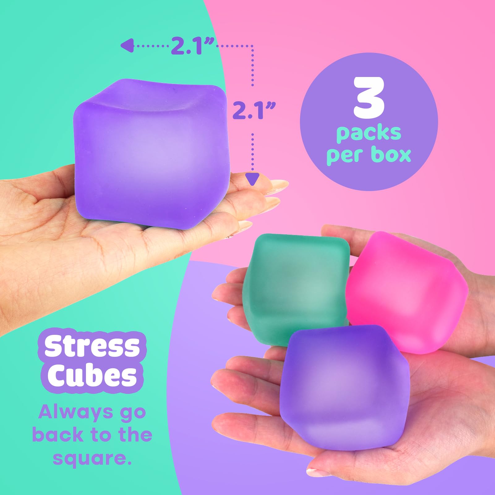 Fidget Toy Stress Cube 3 Pack - High Density Gel Filled 2.1" Cube, Squishy Fidget Toys for Relaxation, Calming Sensory Toys for Autism, Stress Balls for Kids Adults Children Teens
