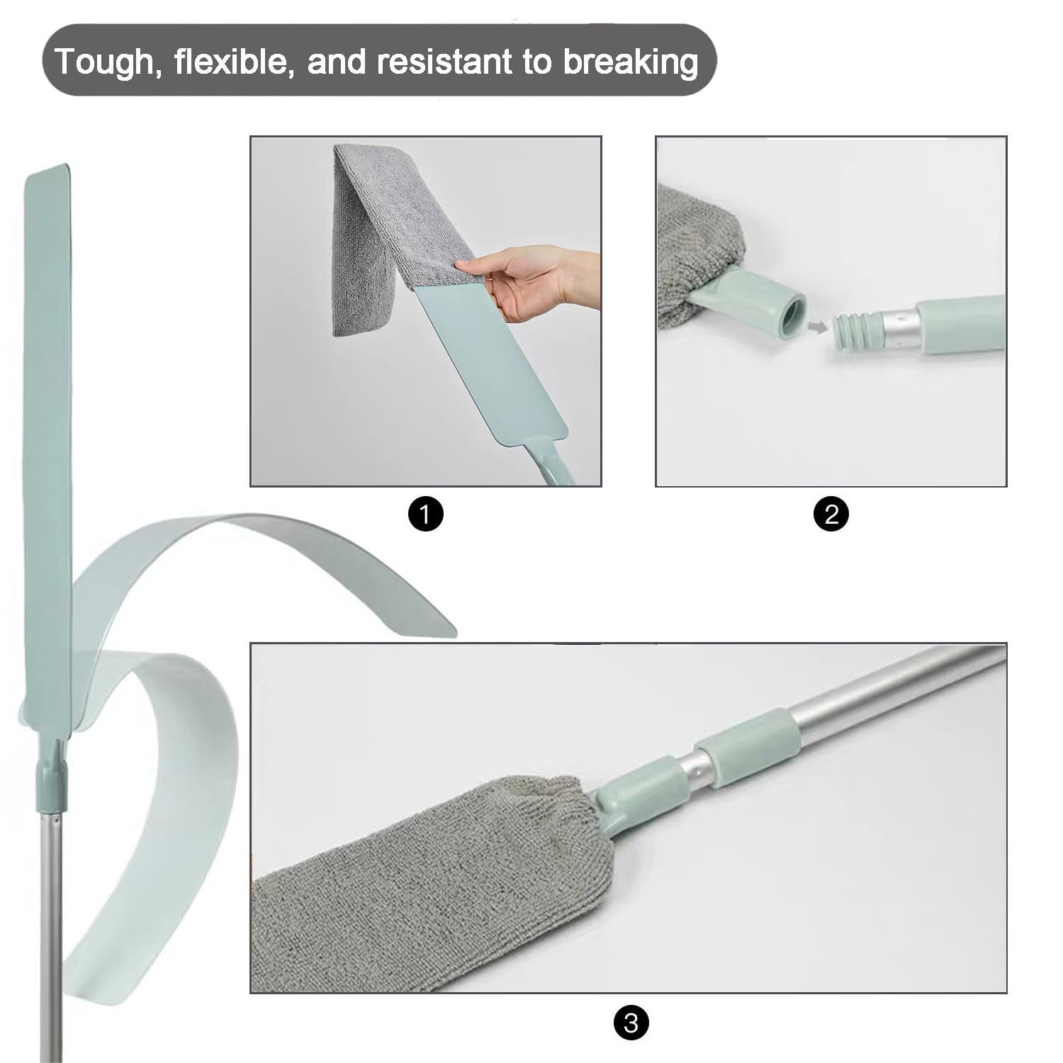 Dust Brush Under Appliance Microfiber Duster with Extension Pole (40 to 55 inches) Bendable, Washable, Extendable Gap Dusters for Sofa Bed Fridge Furniture Bottom - Wet or Dry