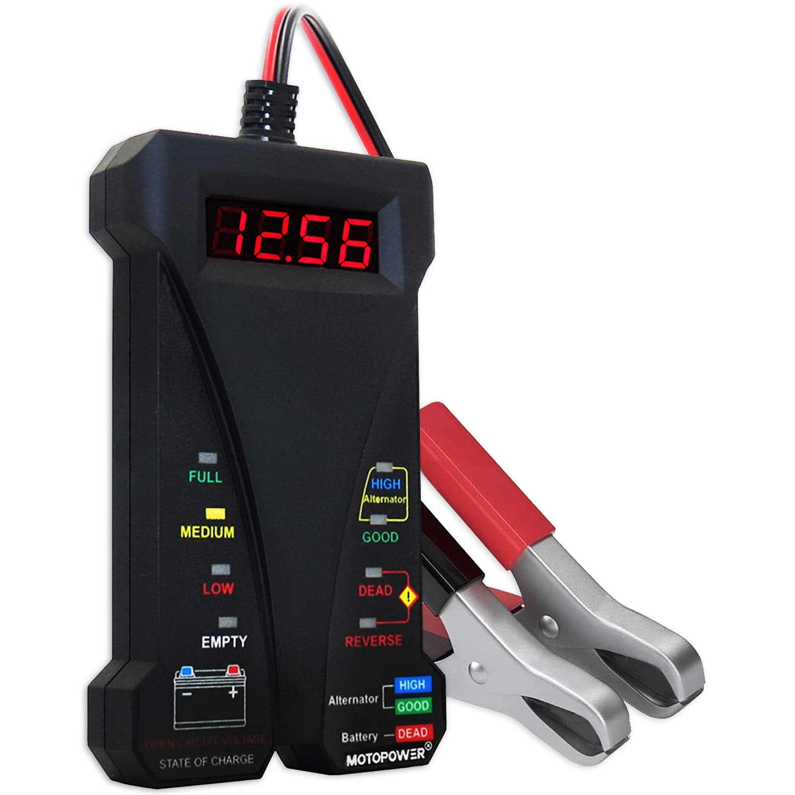 MOTOPOWER MP0514A 12V Digitaler Autobatterietester Voltmeter und Ladesystemanalysator mit LCD-Anzeige und LED-Indikation – Schwarze Gummifarbe