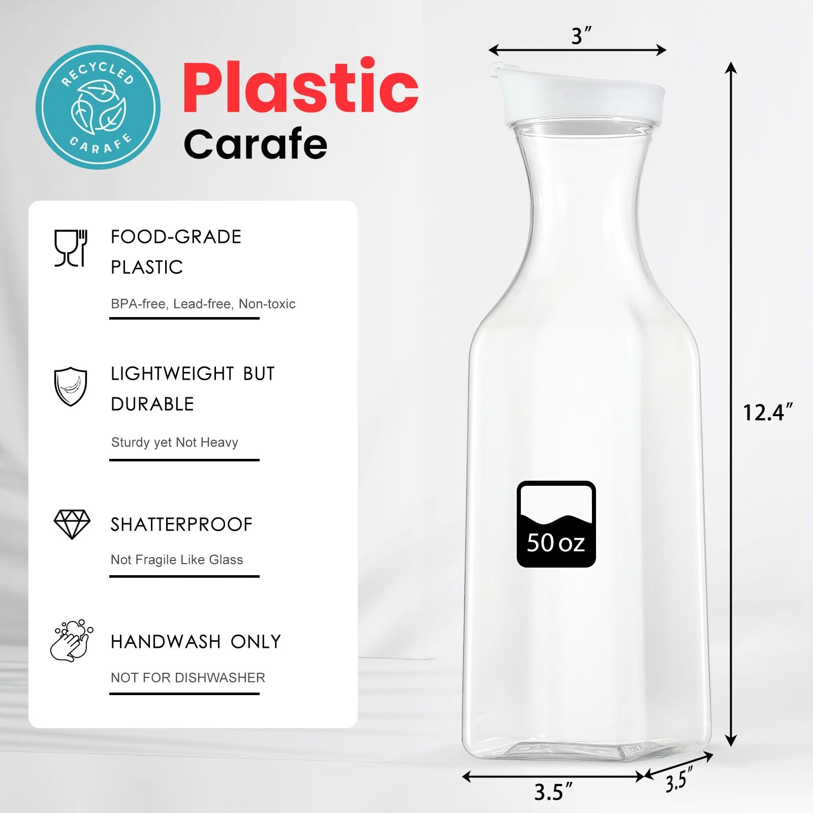 NETANY Plastic 50 Oz Water Carafe with Flip Top Lid, Set of 2 Square Base Juice Containers, Clear Plastic Pitcher - for Water, Iced Tea, Juice, Beverage, Cold Brew and Mimosa Bar - HAND WASH ONLY
