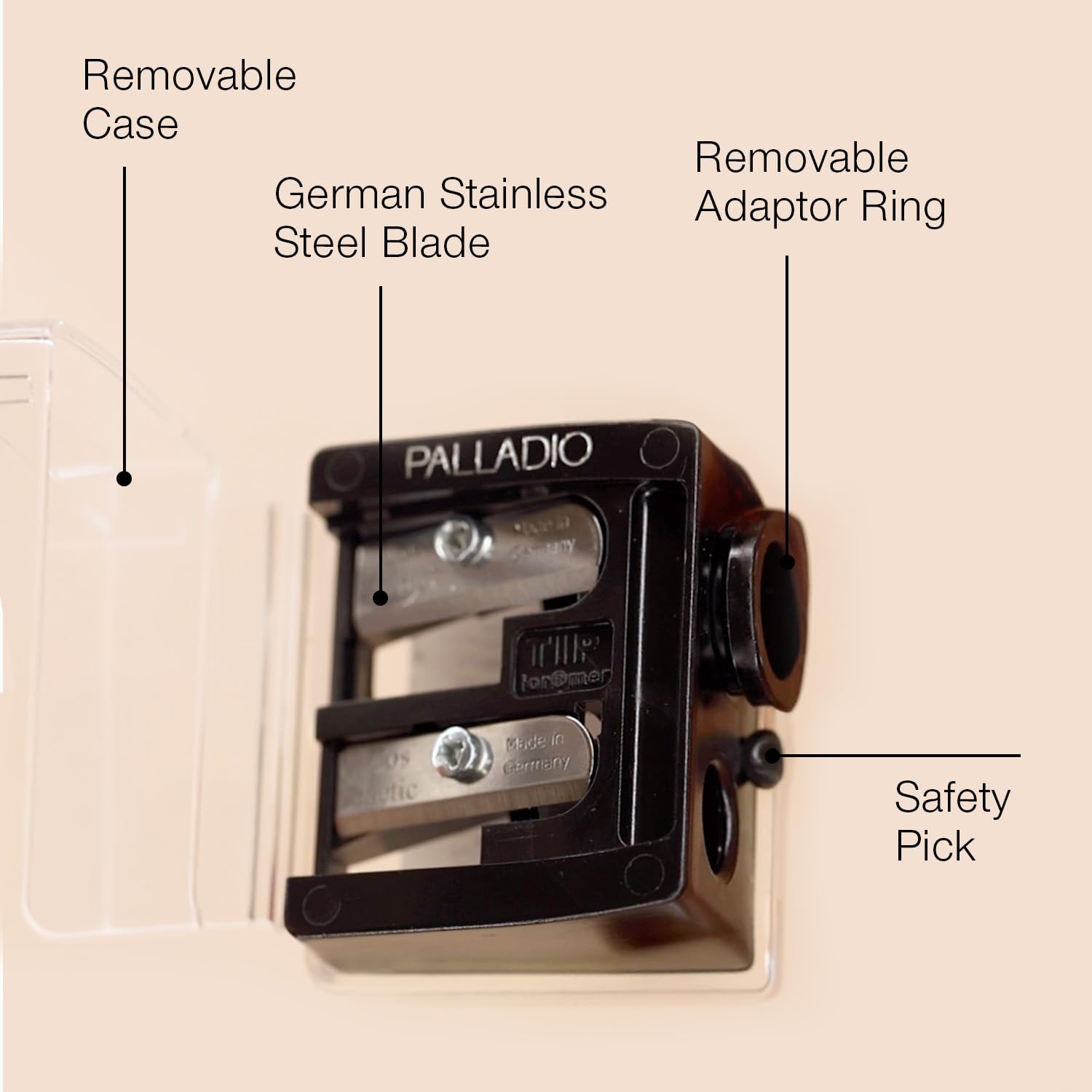 Palladio Double Barrel 3 in 1 Cosmetic Pencil Sharpener with Cover, Stainless Steel Blade, Size Adjuster, Essential for Small and Extra Large Lip Liner, Eyeliner, Brow Pencils