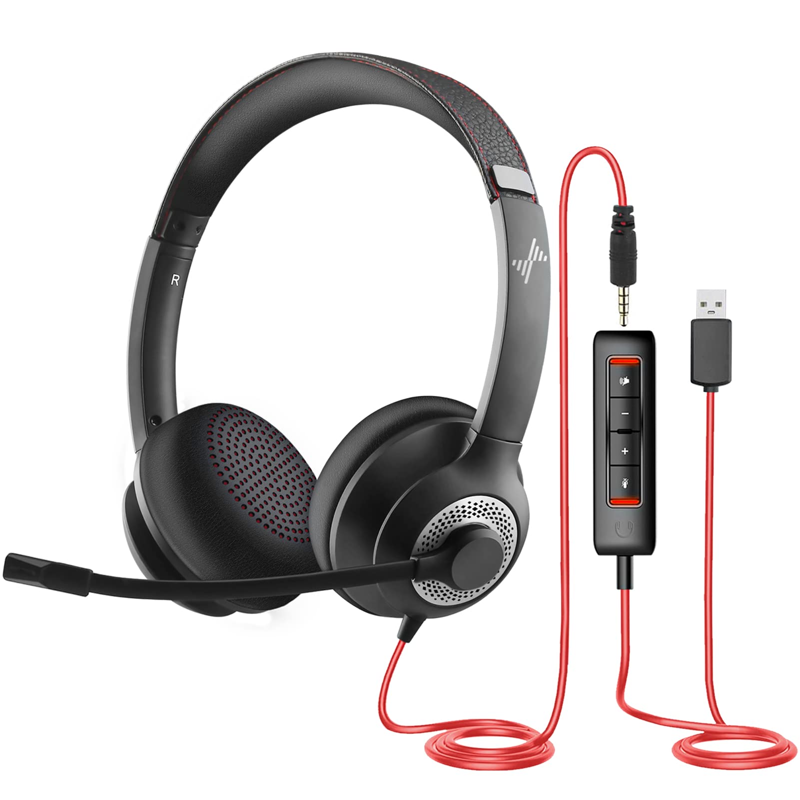 JIAMQISHI USB Headset with Microphone for PC, On-Ear Computer Laptop Headphones with Noise Cancelling Microphone in-line Control for Home Office Online Class Skype Zoom (USB+3.5mm, Black)