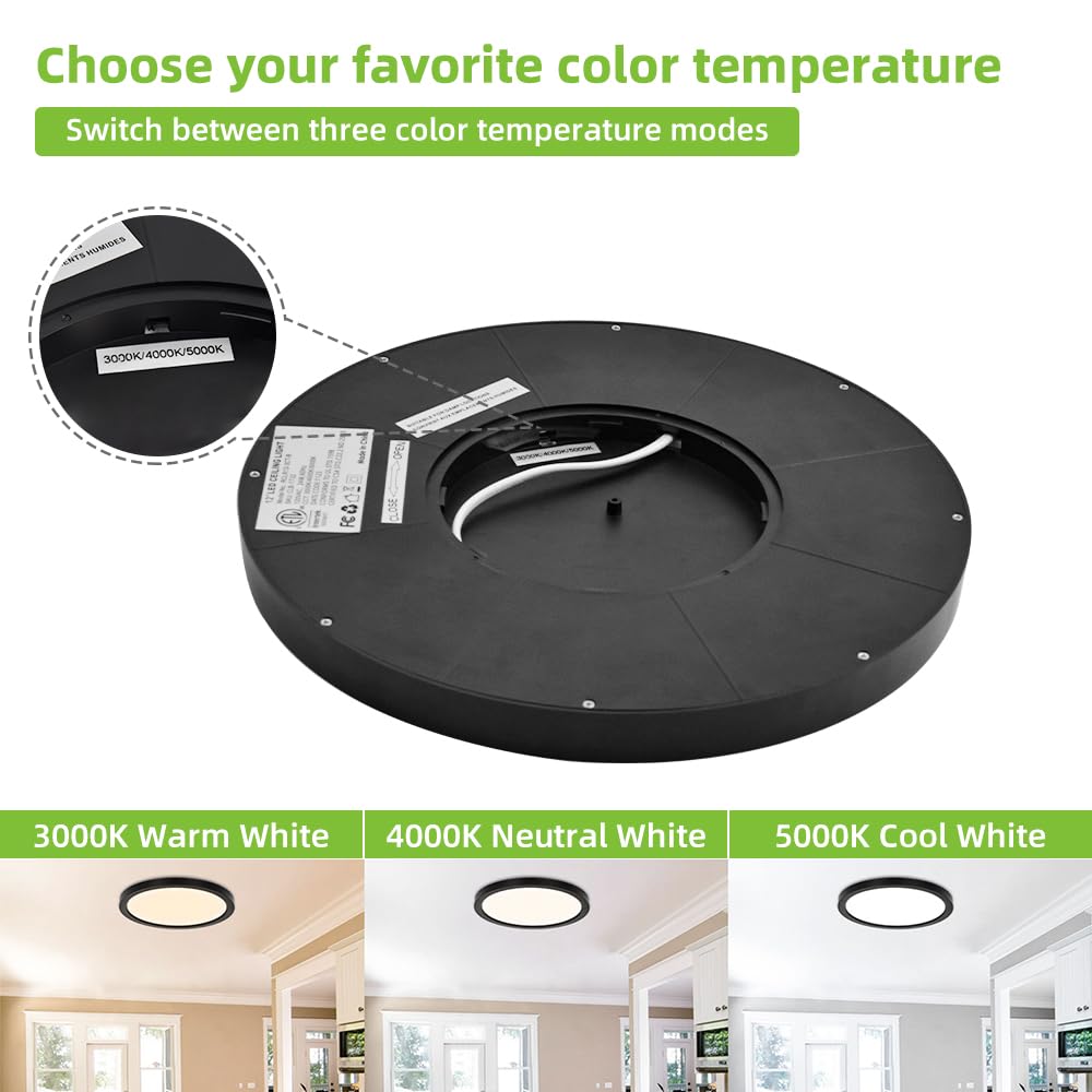 hykolity 12 Inch Selectable CCT LED Round Flat Panel Light, 24W 3000K/4000K/5000K, Edge-Lit Flush Mount Ceiling Light Fixture for Kitchen, Bedroom, Laundry and Closet Room，Black