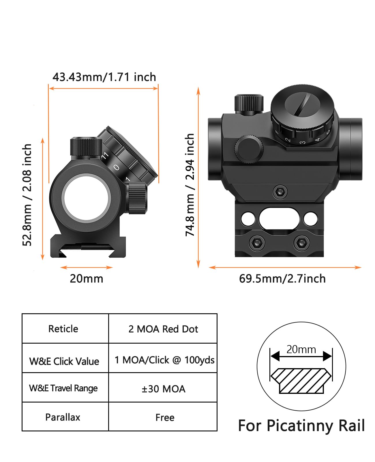 MidTen 2MOA Red Dot Sight, 1x25mm Reflex Sight Waterproof & Shockproof & Fog-Proof Red Dot Scope with 1 inch Riser Mount, Black