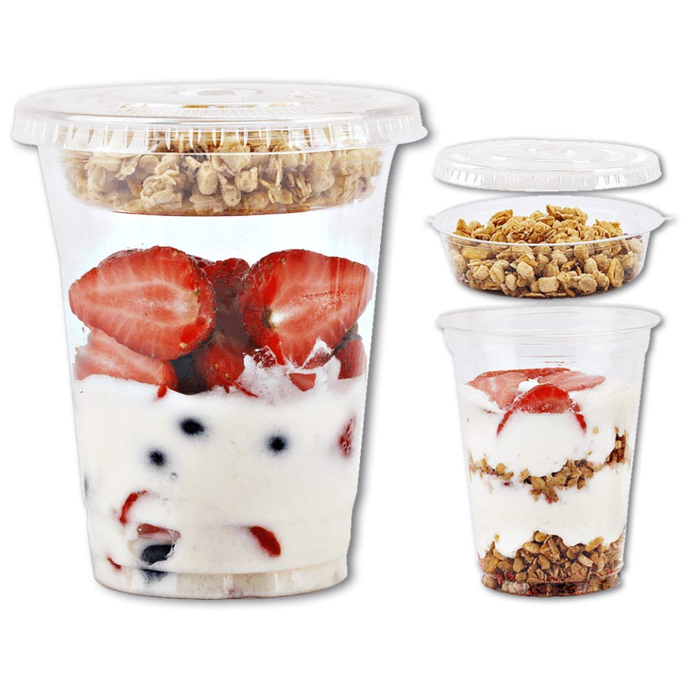 12 oz Klare Plastik-Parfaitbecher mit Einsatz 3.25oz & flachen Deckeln ohne Loch – (50 Sets) Joghurt-Frucht-Parfaitbecher für Kinder, für Dips und Gemüse, zum Mitnehmen von Frühstück und Snacks. Kein Auslaufen