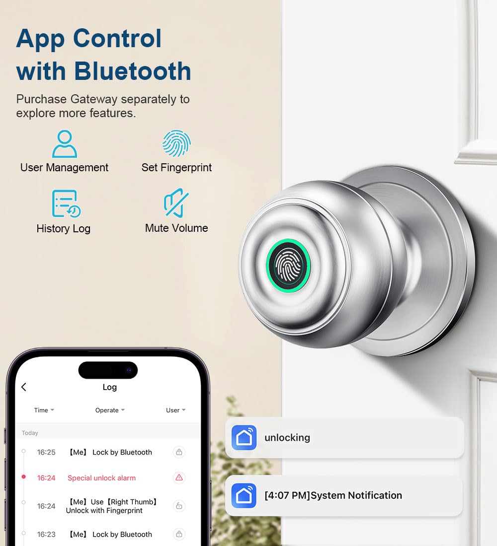 KLLOQUE Fingerprint Door Lock, Smart Fingerprint Door Knob with Lock, Biometric Door Locks with App Control & Key, Keyless Thumbprint Entry Door Locks for Bedroom, Front Door, Home, Apartment-Silver
