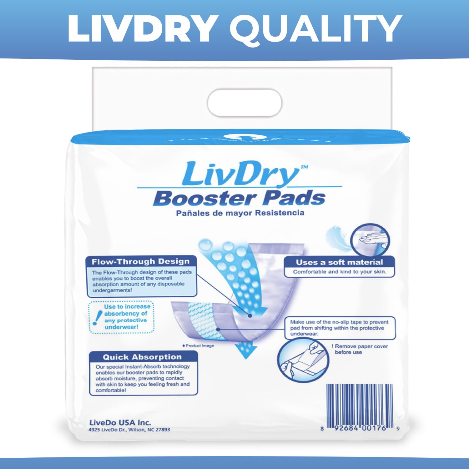 LivDry Incontinence Booster Pads, Use with Adult Diapers for Women and Men, Extra Comfort Softness, Disposable Pad (20 Count, Regular Length)